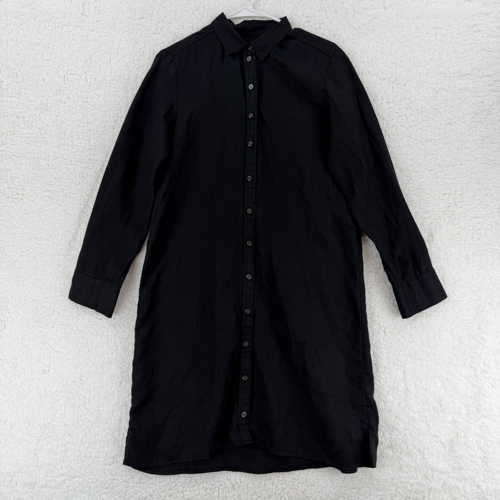 J Crew Shirt Dress Tunic Womens‎ XS Black Linen Button Front Long Sleeve